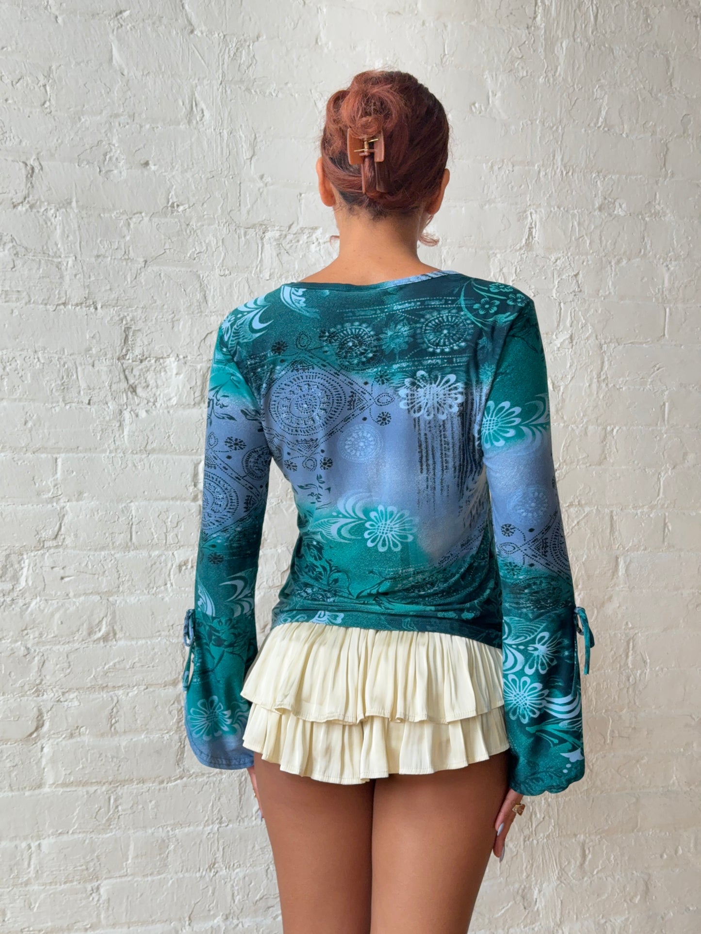 2000s Blue & Green Fairycore Flare Sleeve Top