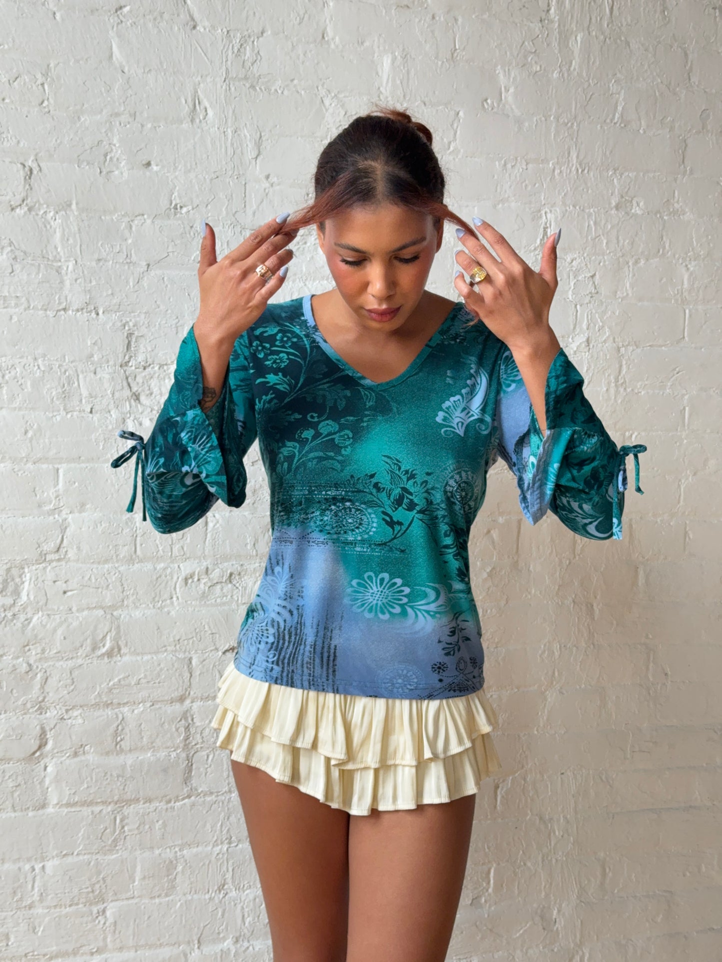 2000s Blue & Green Fairycore Flare Sleeve Top