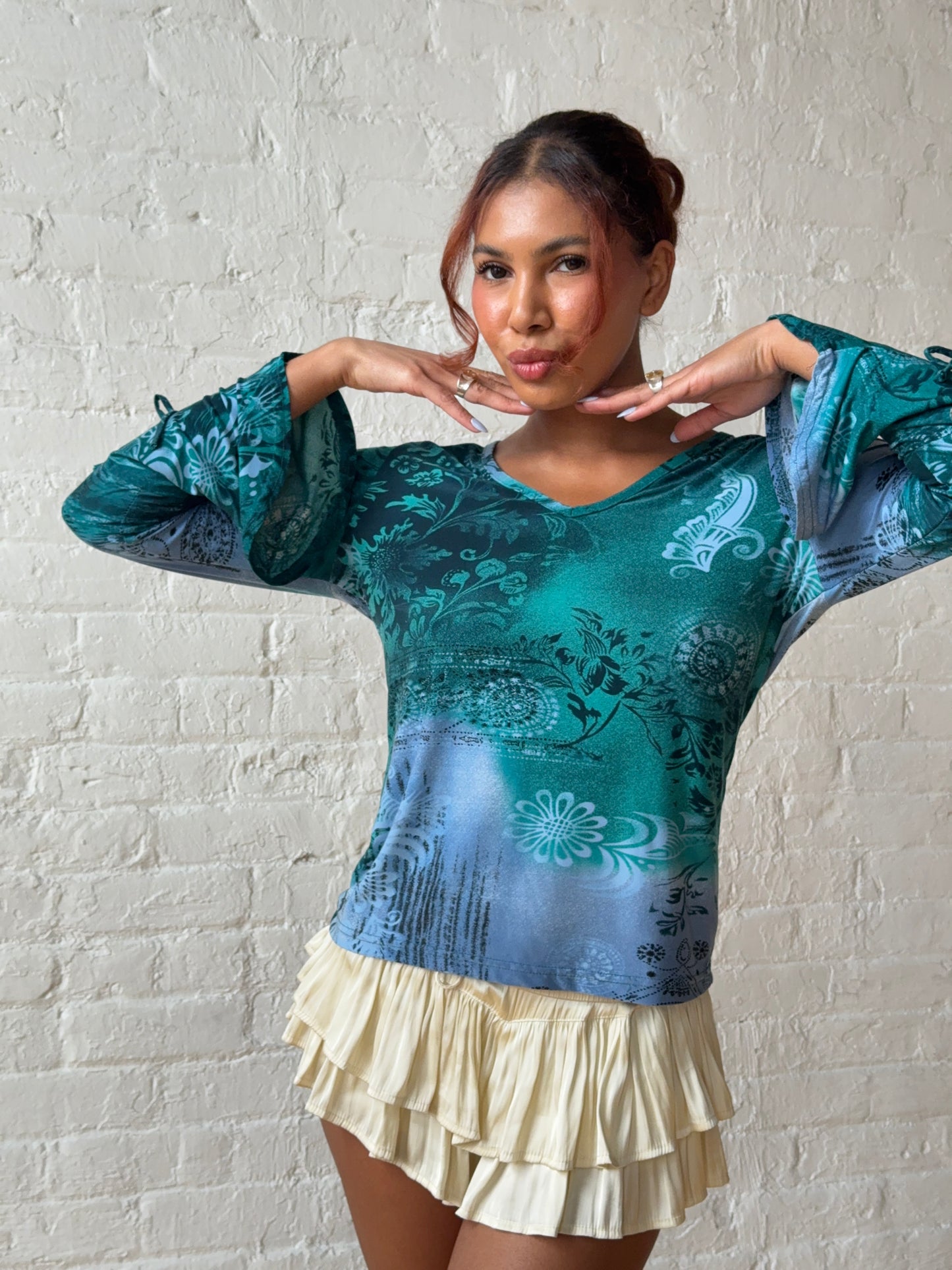 2000s Blue & Green Fairycore Flare Sleeve Top