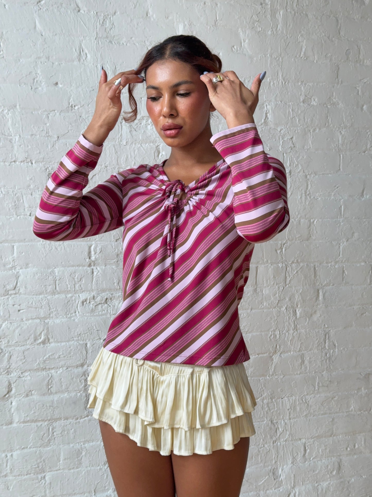 Vintage Y2K Pink Striped Tie-Front Coquette Top | Early 2000s