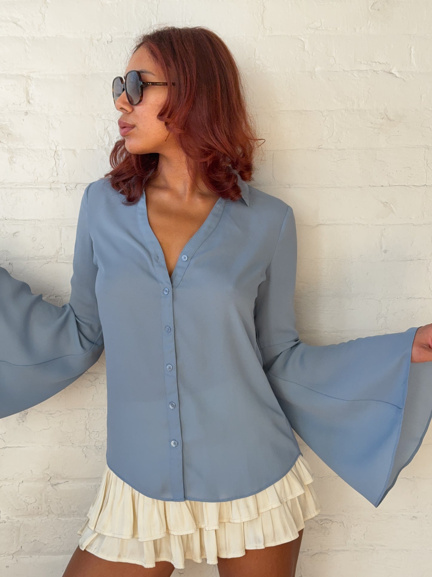 Y2K Sky Blue Bell Sleeve Button Blouse - Romantic 2000s