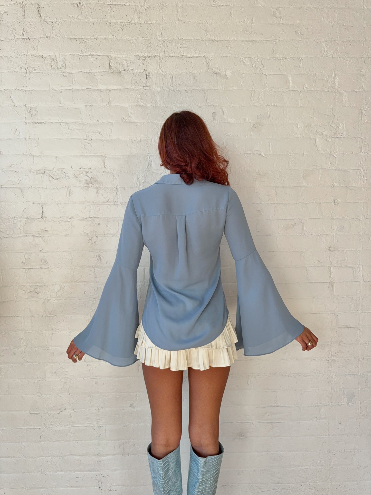 Y2K Sky Blue Bell Sleeve Button Blouse - Romantic 2000s