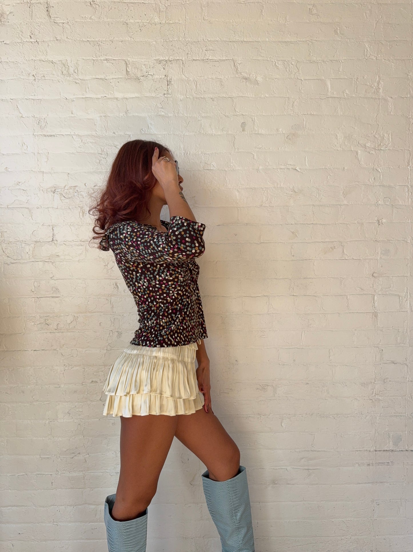 90s Vintage Brown Polka Dot Ruffle Blouse