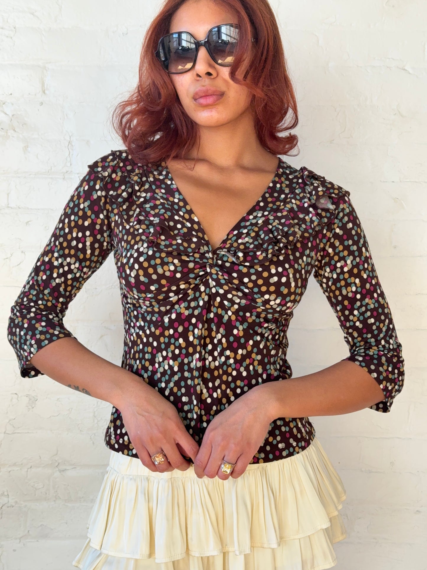 90s Vintage Brown Polka Dot Ruffle Blouse