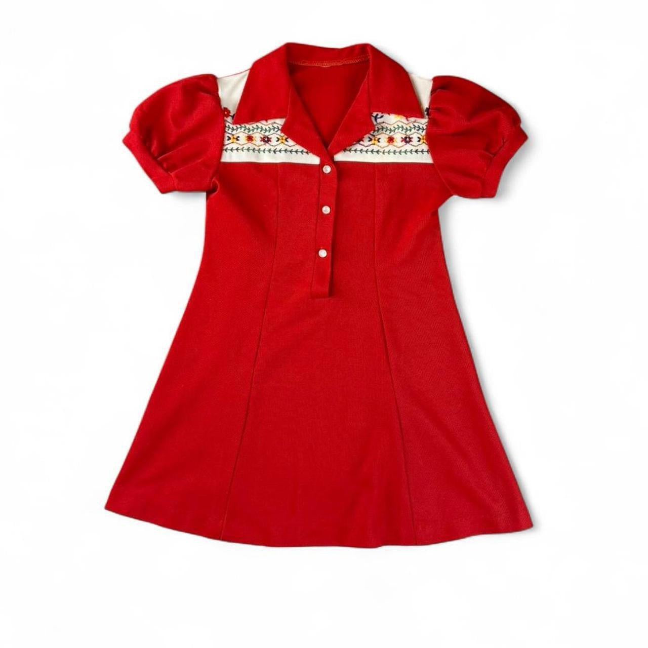 Vintage Red Puff Sleeve Embroidered Mini Dress
