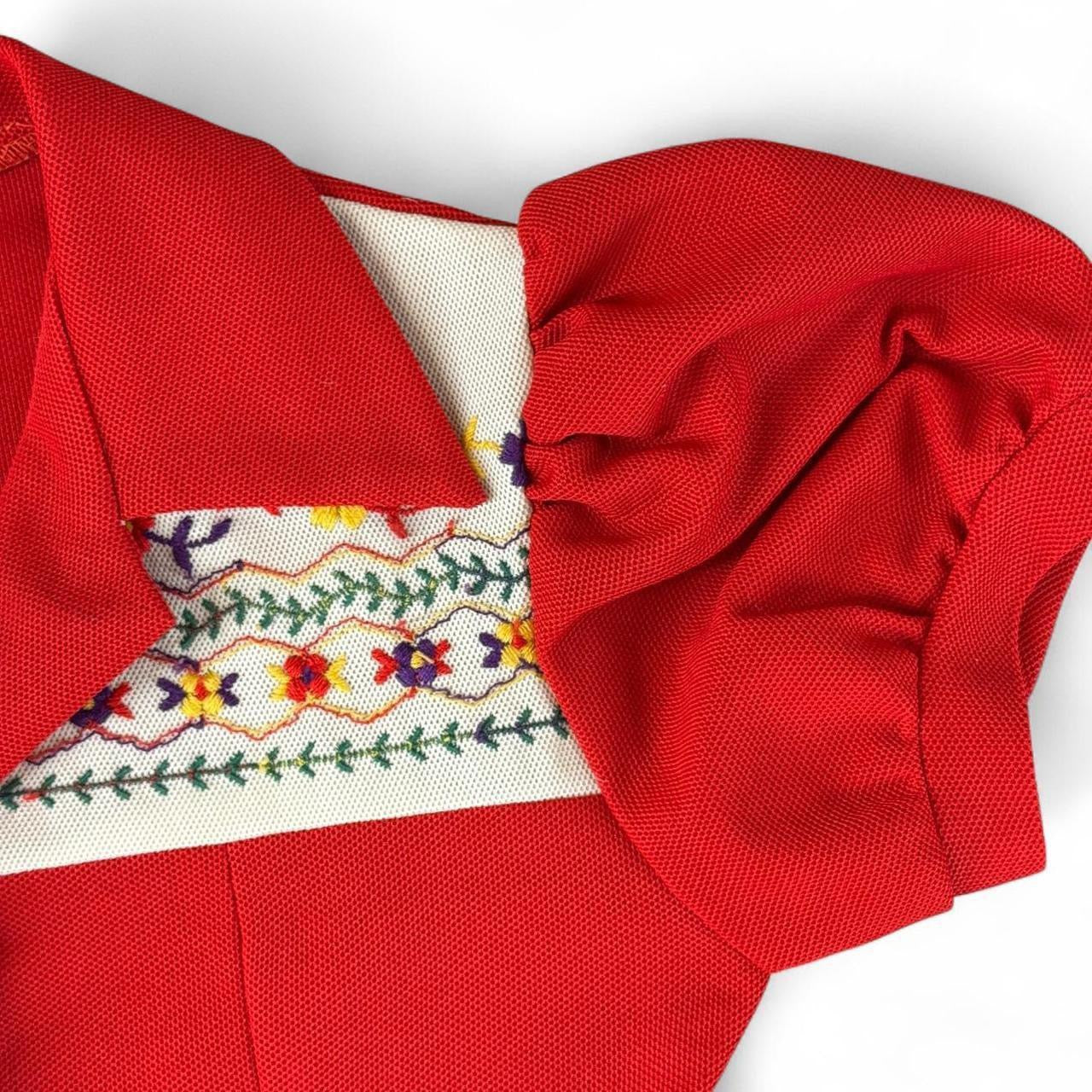 Vintage Red Puff Sleeve Embroidered Mini Dress