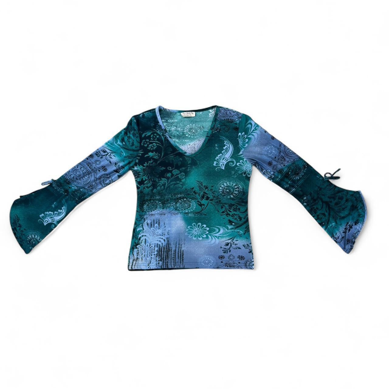 2000s Blue & Green Fairycore Flare Sleeve Top