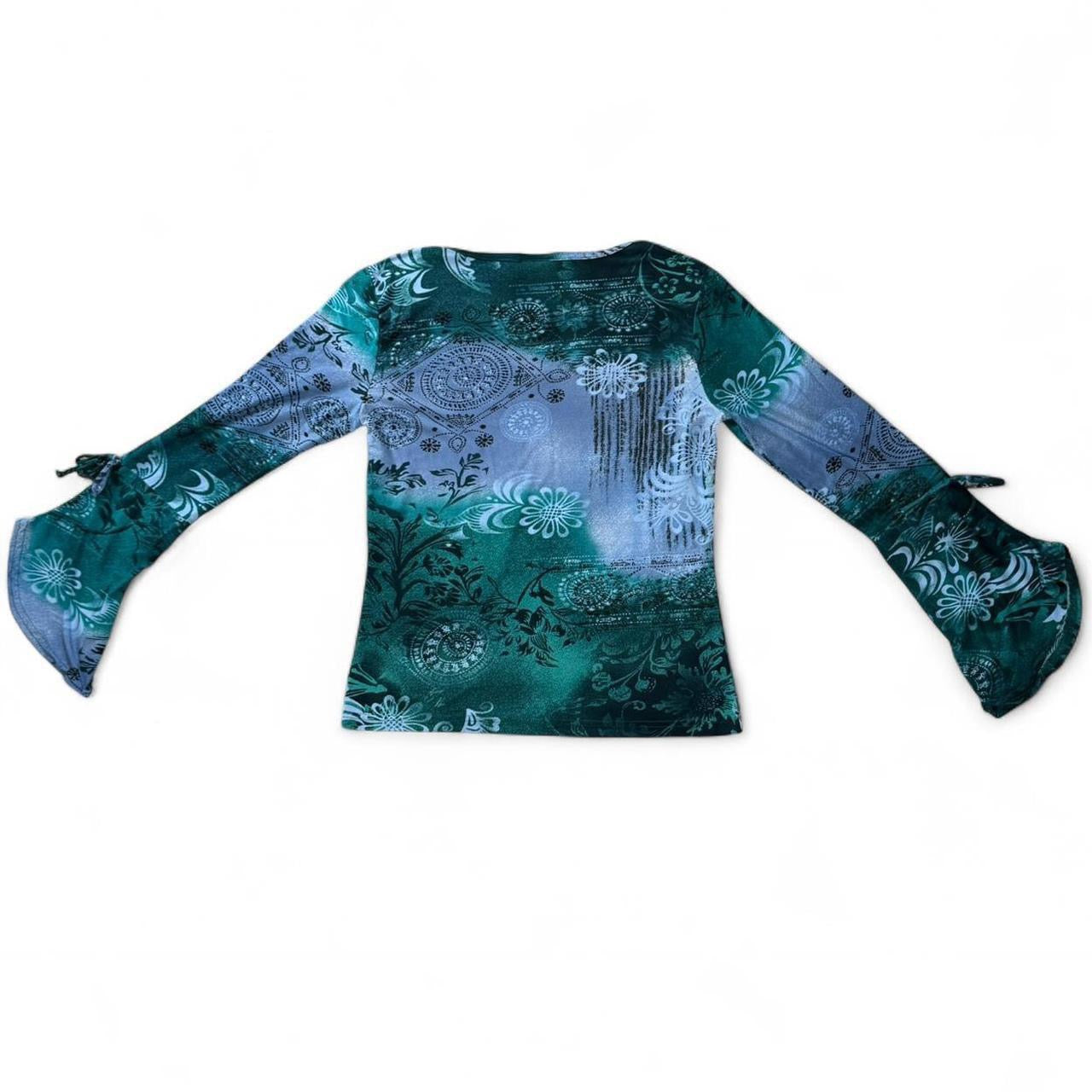 2000s Blue & Green Fairycore Flare Sleeve Top