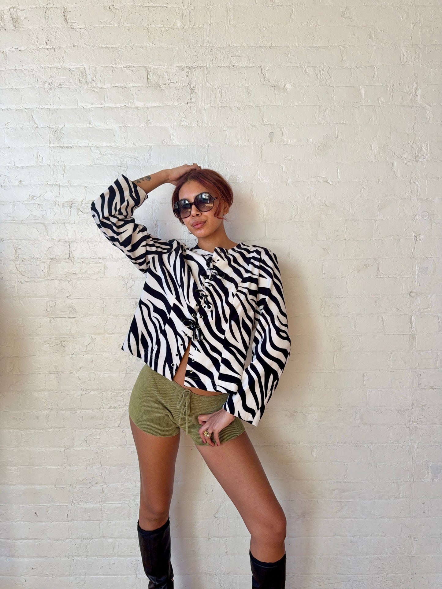 Vintage Sandro Zebra Print Lace-Up Blouse
