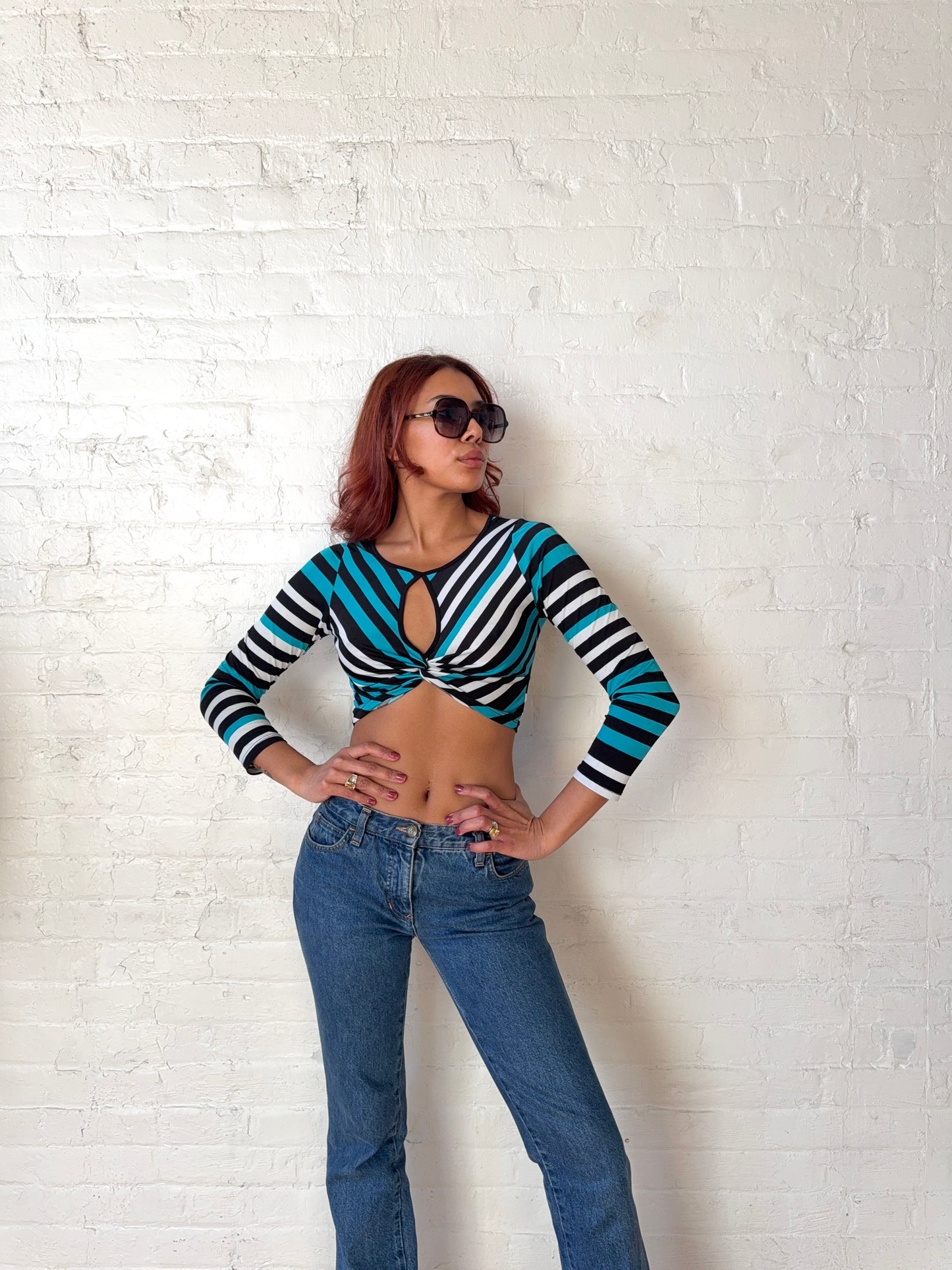 Y2K Striped Twist-Front Cut-Out Top - Blue Black White