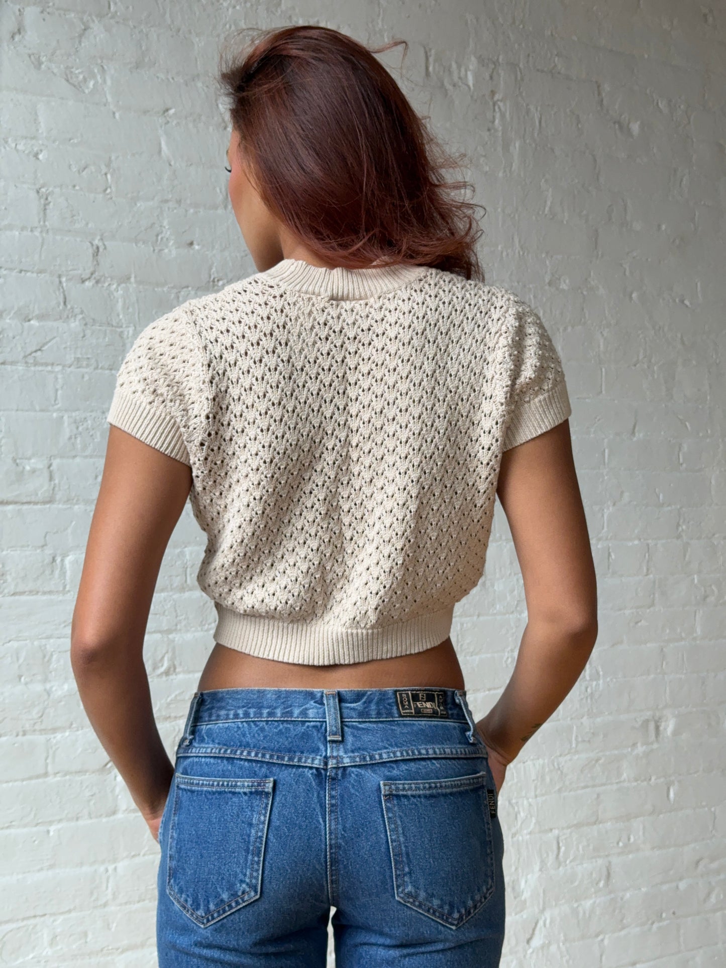 Y2K Cream Crochet Knit Crop Cardigan