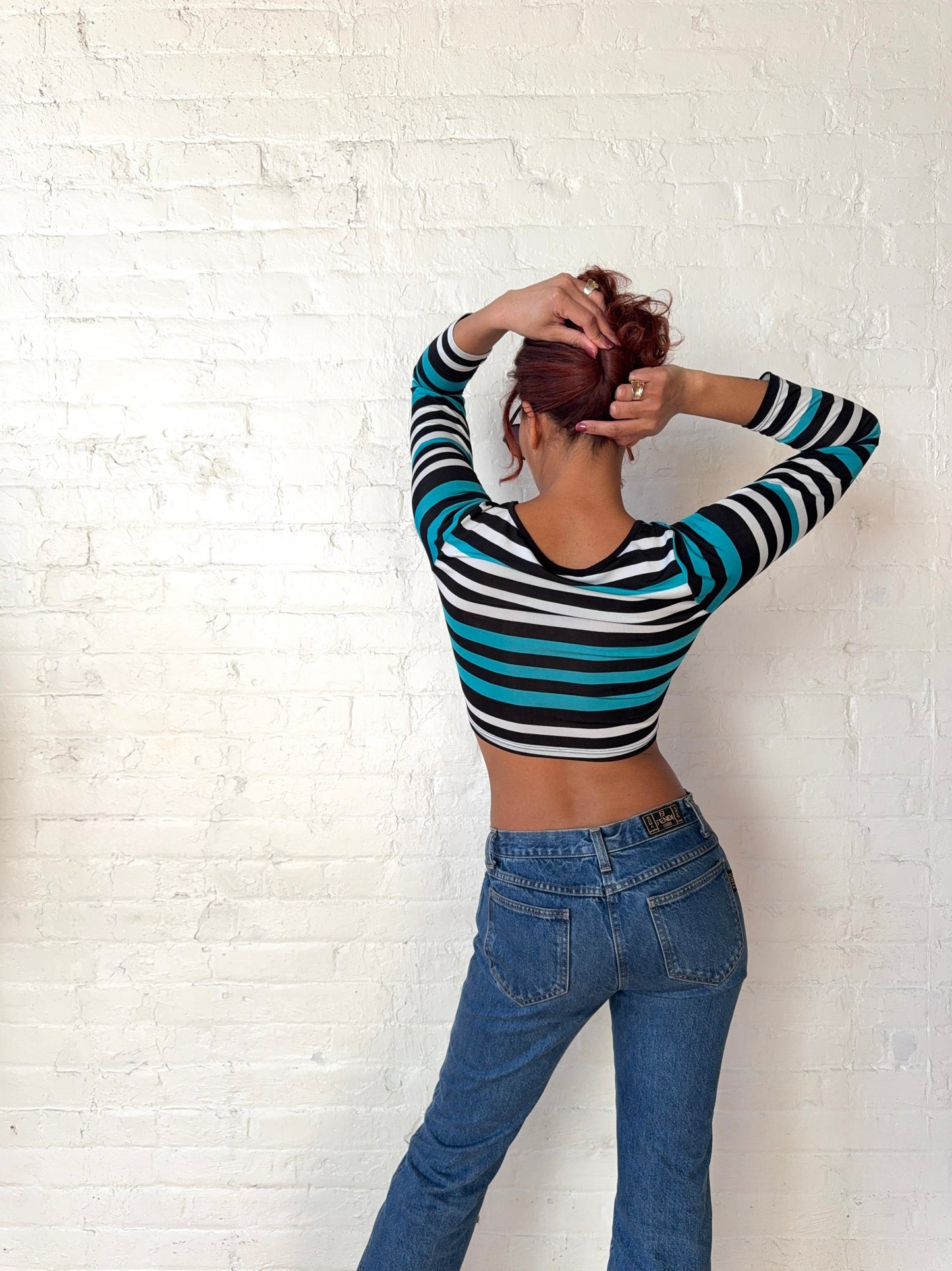 Y2K Striped Twist-Front Cut-Out Top - Blue Black White