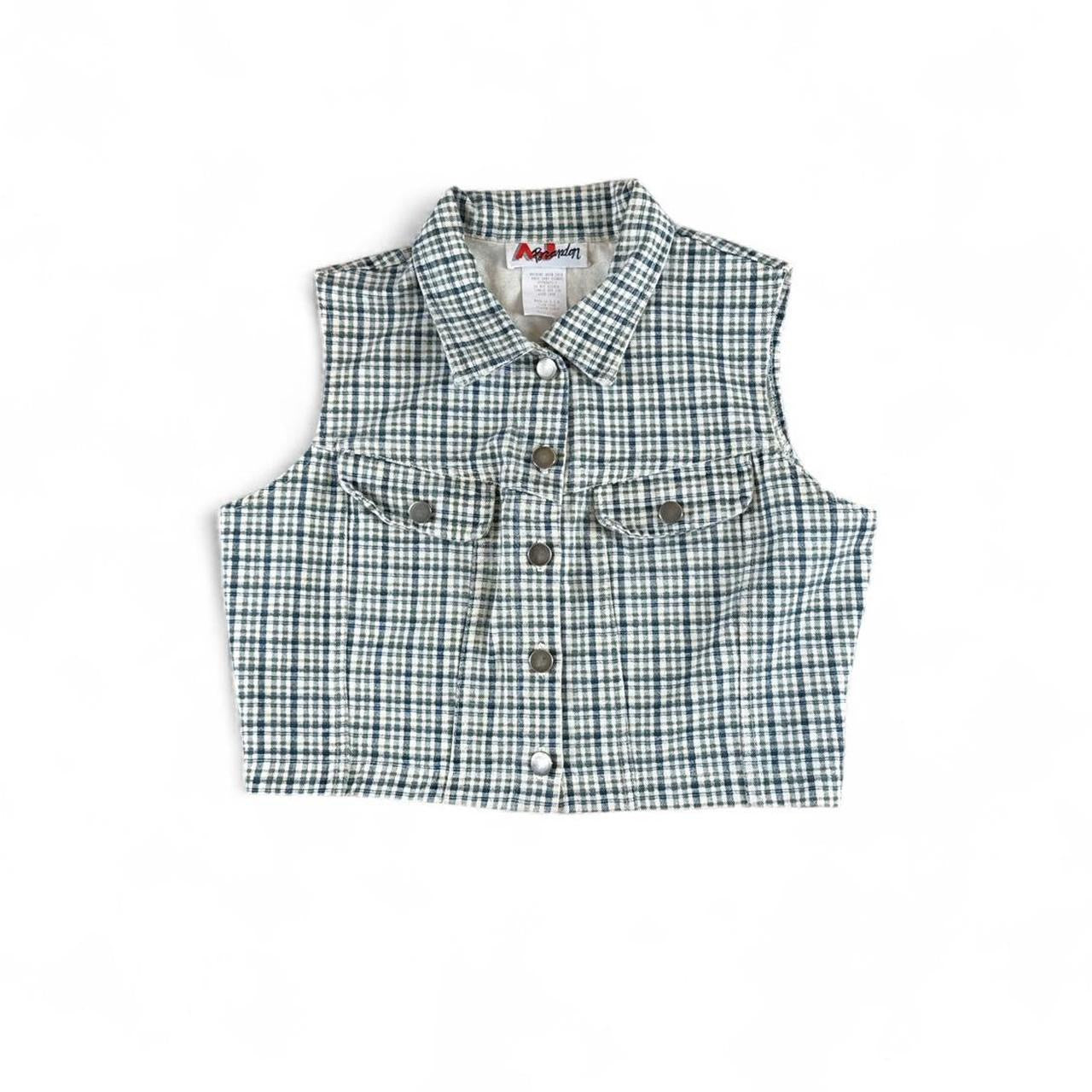 90s Green & Blue Plaid Cropped Button-Up Vest Top