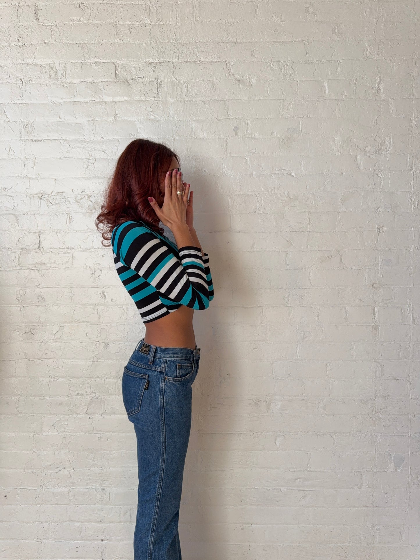 Y2K Striped Twist-Front Cut-Out Top - Blue Black White