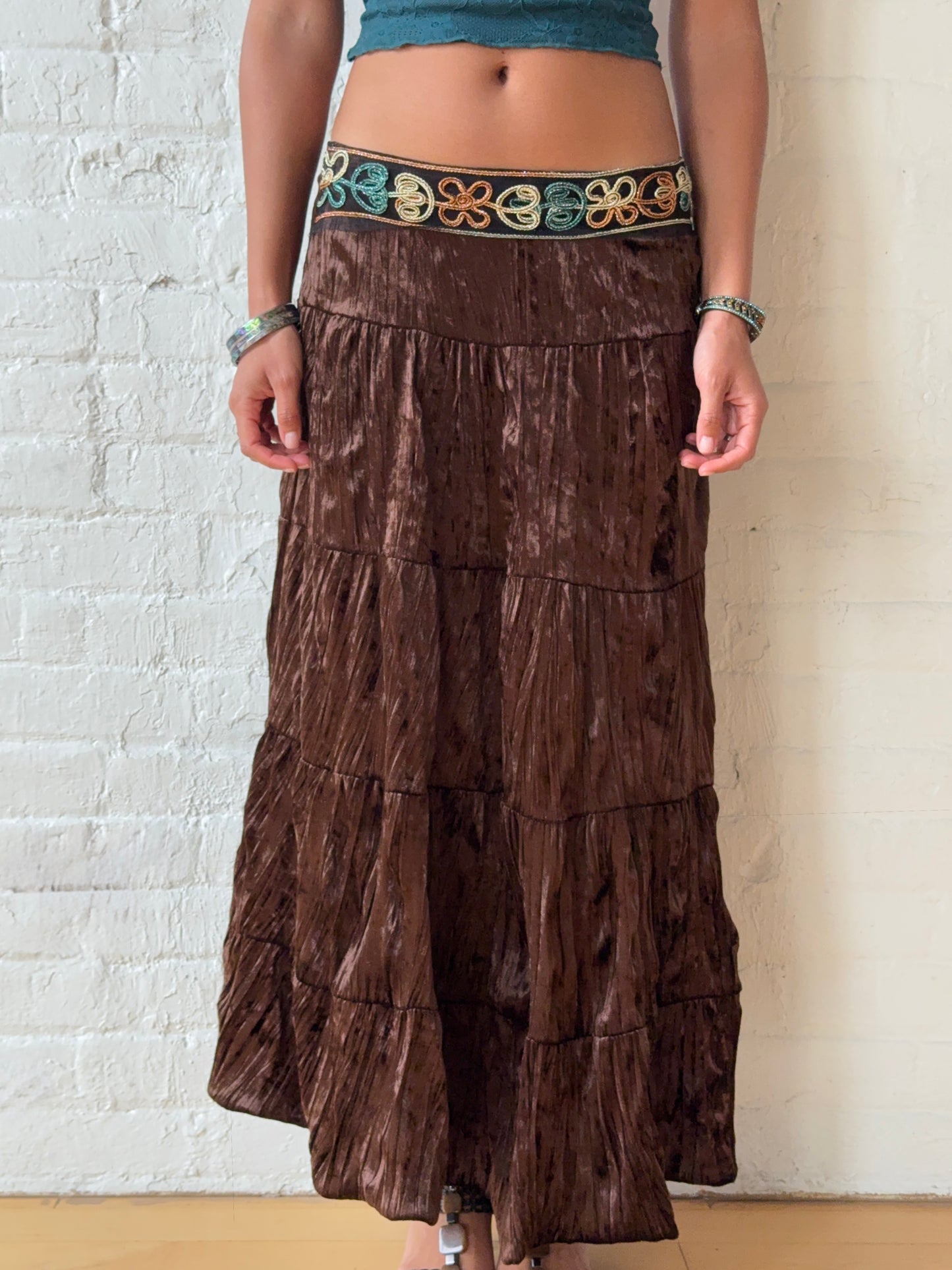 Vintage Chocolate Crushed Velvet Boho Maxi Skirt