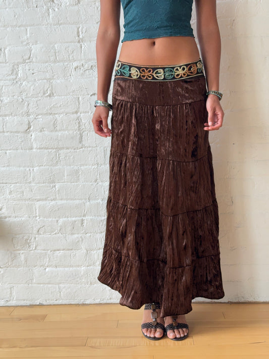 Vintage Chocolate Crushed Velvet Boho Maxi Skirt