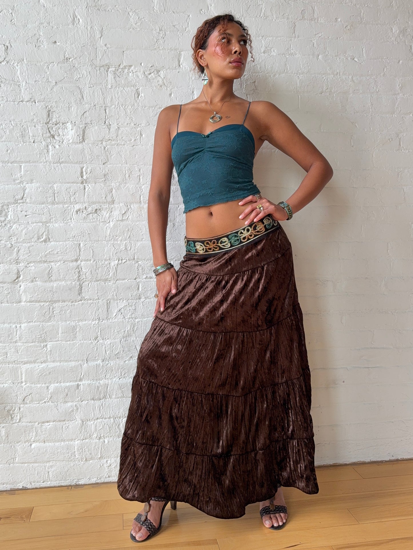 Vintage Chocolate Crushed Velvet Boho Maxi Skirt