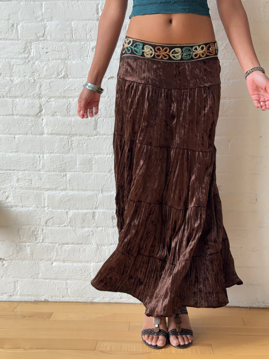Vintage Chocolate Crushed Velvet Boho Maxi Skirt