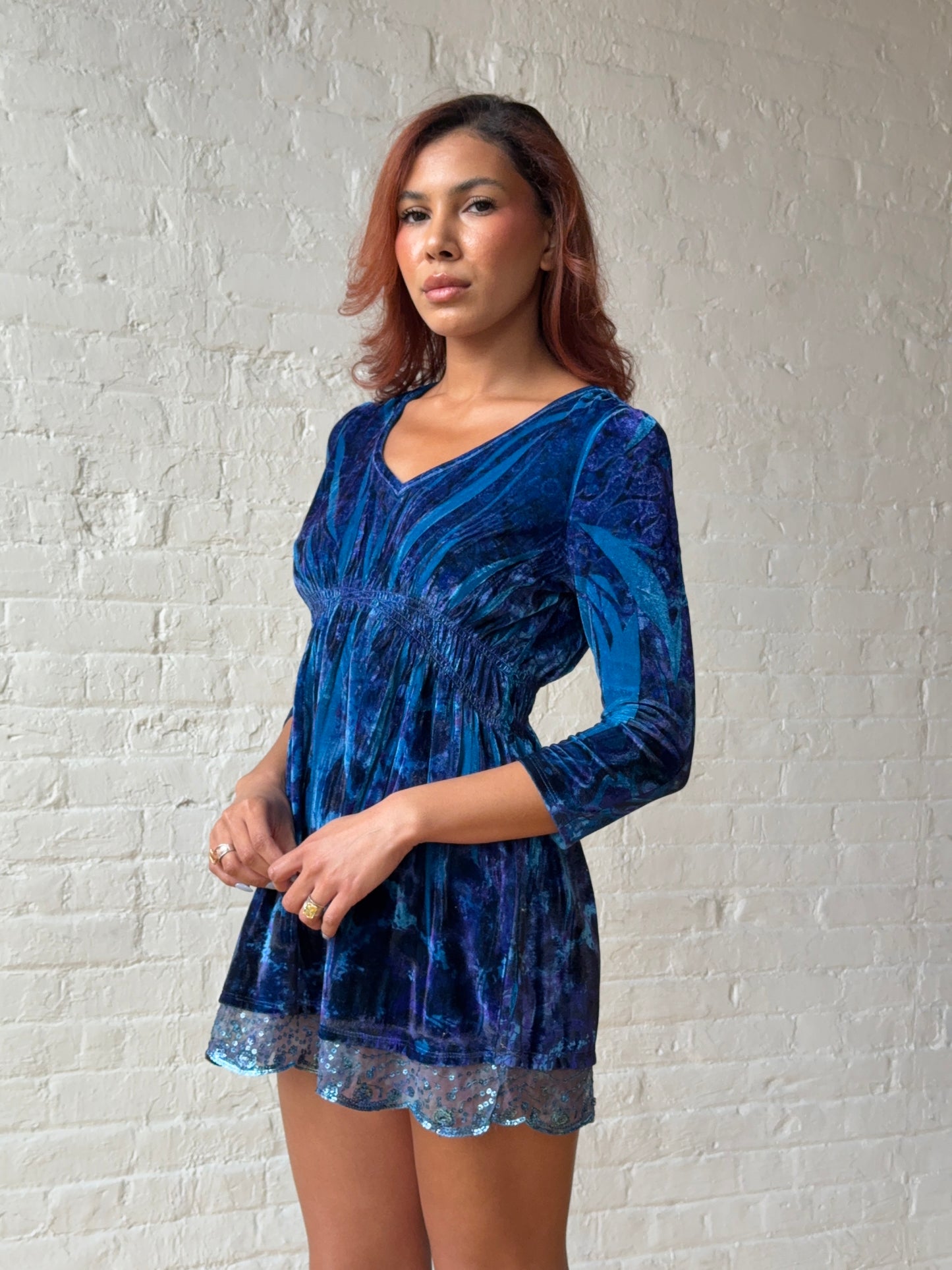 Vintage 2000s Blue Velvet Babydoll Mini Dress