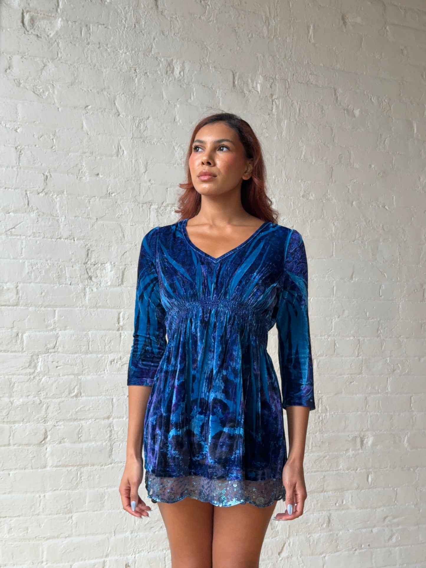 Vintage 2000s Blue Velvet Babydoll Mini Dress