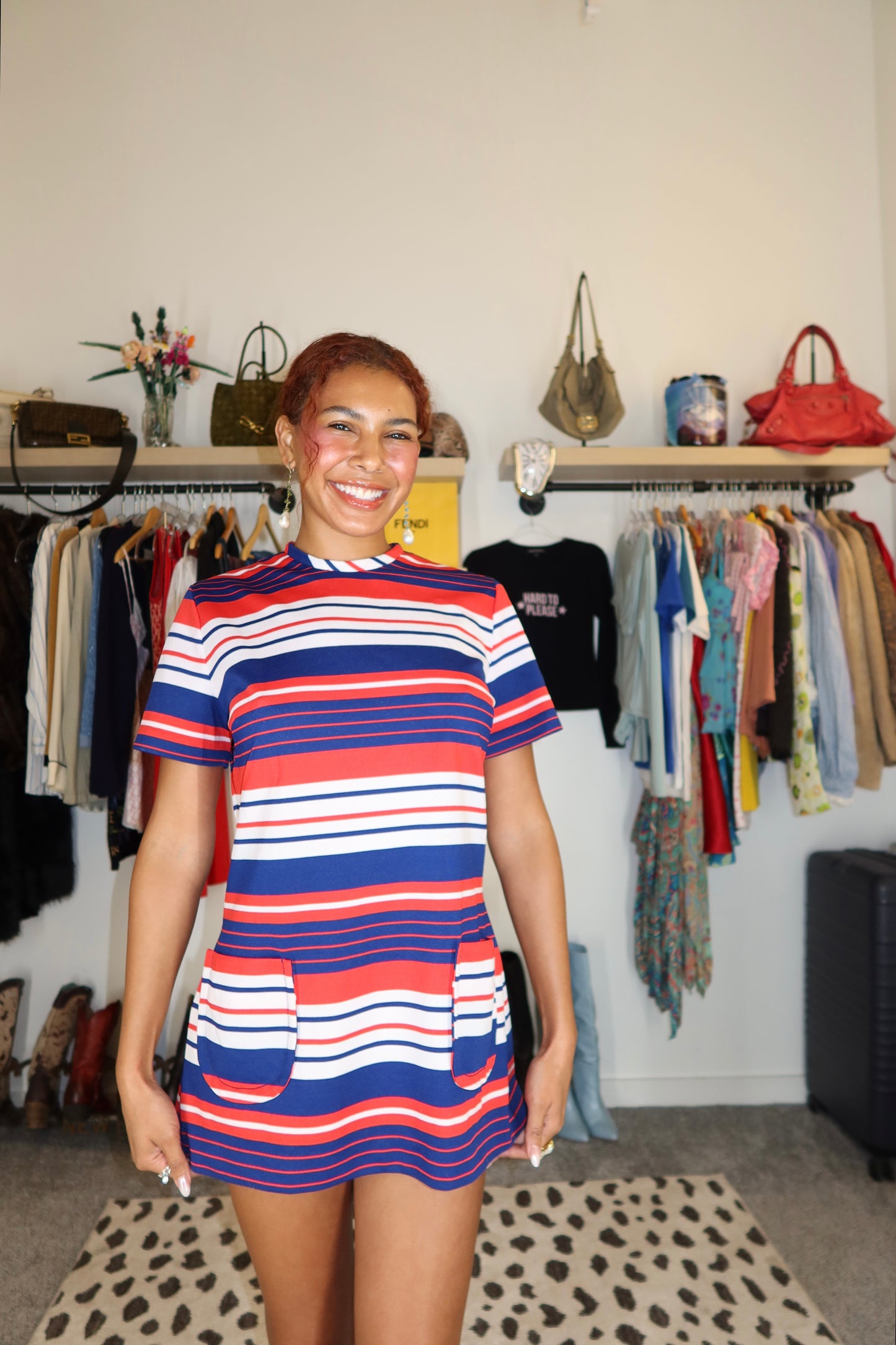 1960s Mod Red White Blue Striped A-Line Mini Dress