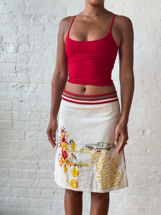Euro Vintage Corduroy Graphic A-Line Midi Skirt | Novelty Print Cotton Skirt