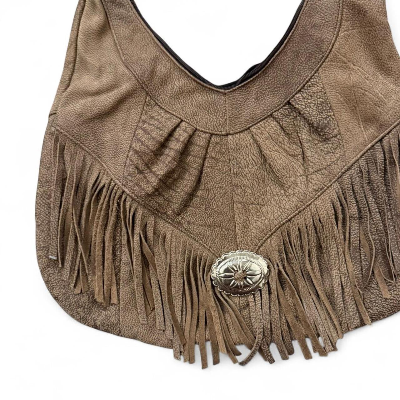 Vintage Brown Leather Fringe Hobo Bag 90s Y2K Western Boho Concho Shoulder Bag