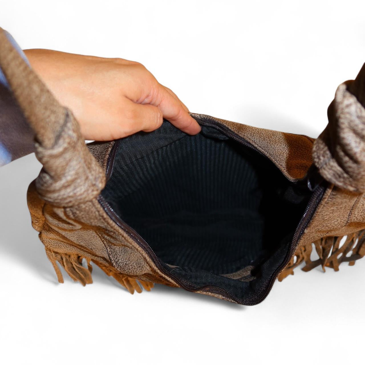 Vintage Brown Leather Fringe Hobo Bag 90s Y2K Western Boho Concho Shoulder Bag