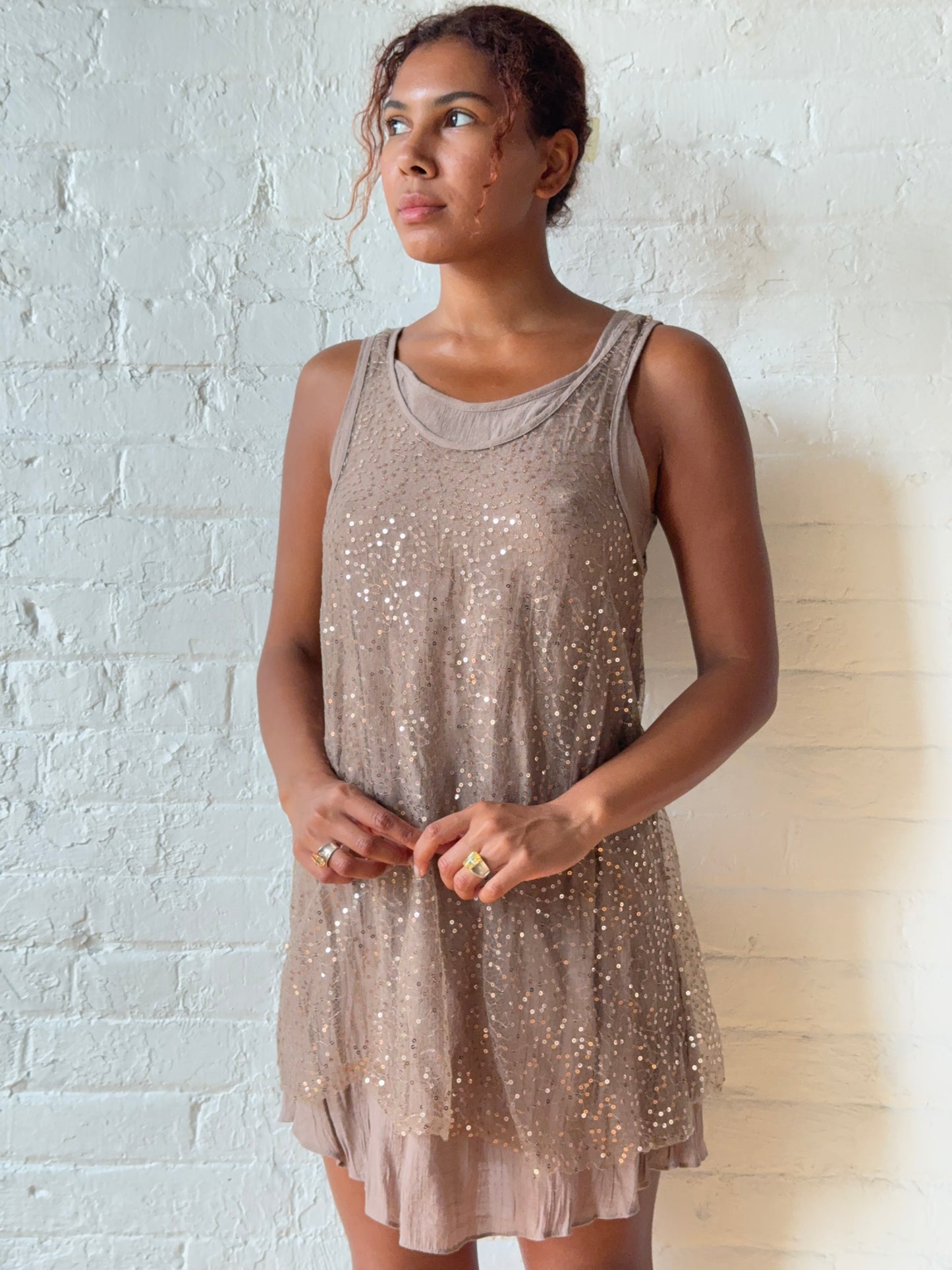 Vintage Double Layer Sequin Mesh Mini Dress