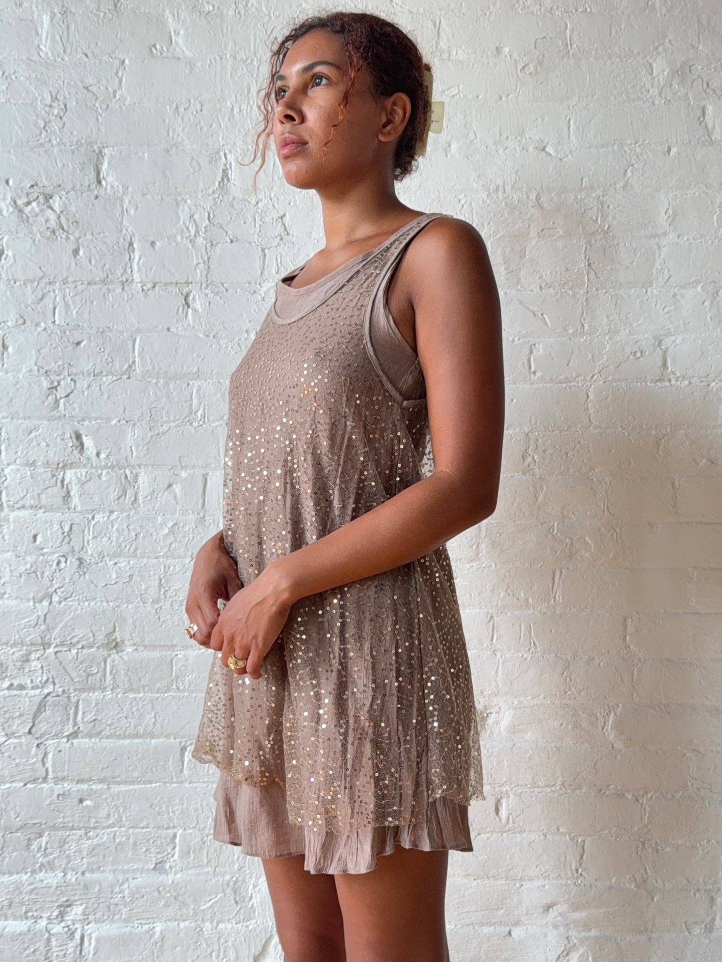 Vintage Double Layer Sequin Mesh Mini Dress
