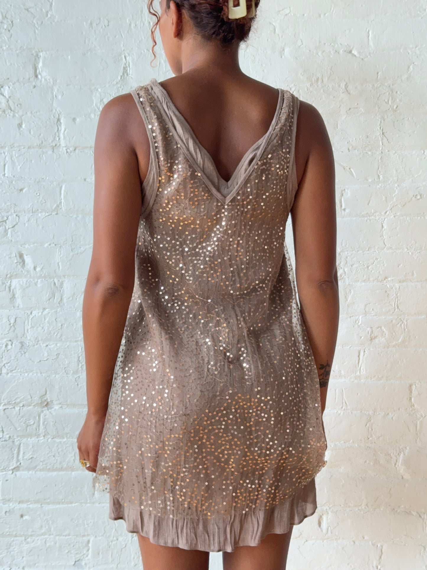 Vintage Double Layer Sequin Mesh Mini Dress