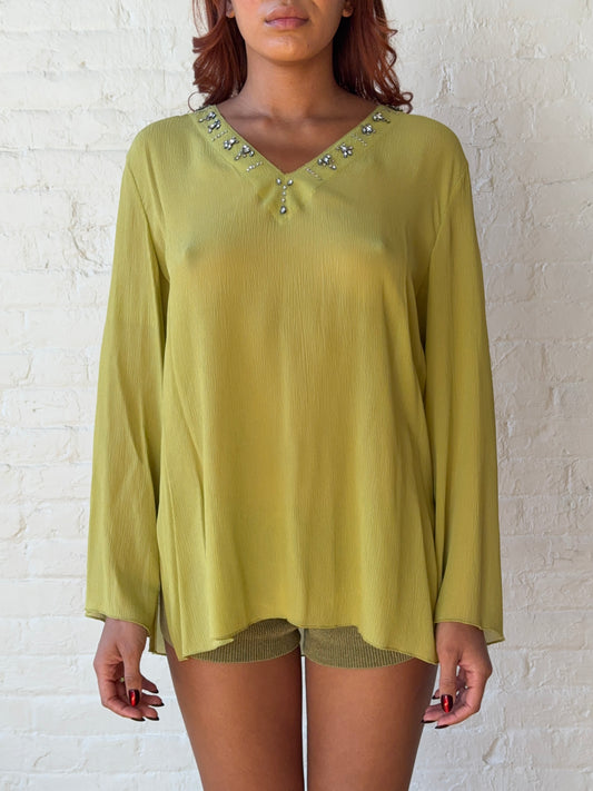 Vintage Lime Silk Embellished Tunic Blouse