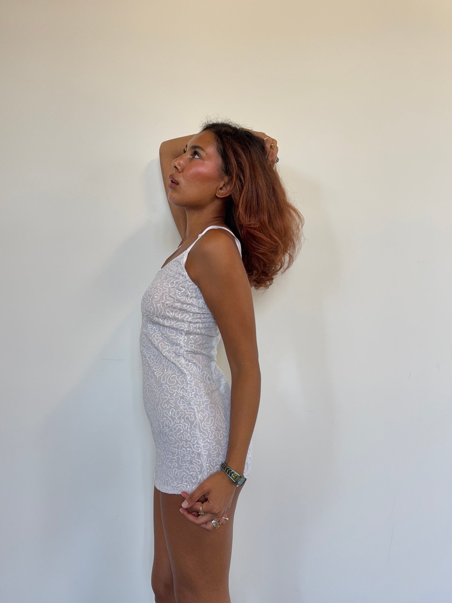 Vintage Y2K Silver Sequin Mesh Tunic Top | Stretch Metallic Party Camisole