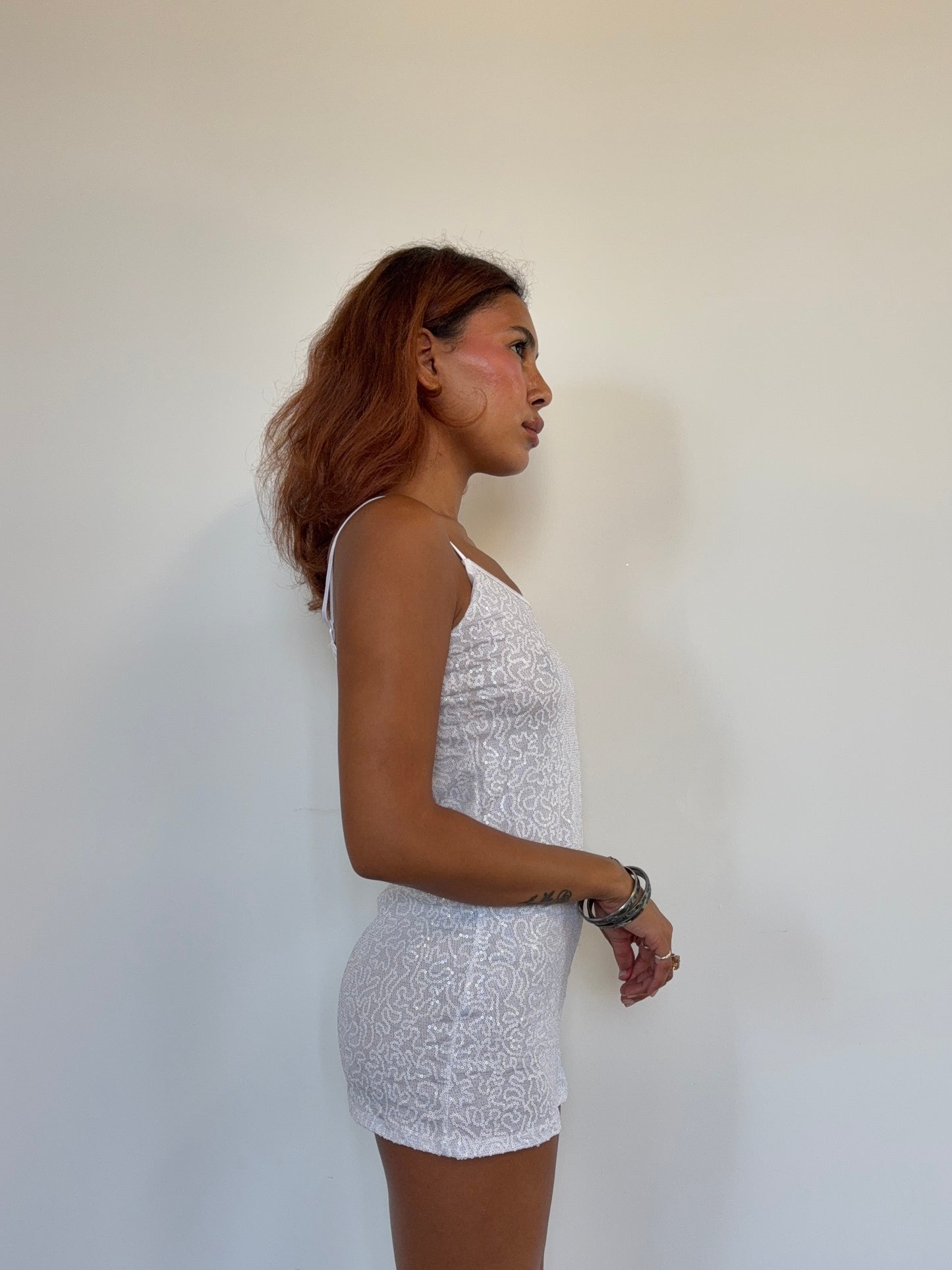 Vintage Y2K Silver Sequin Mesh Tunic Top | Stretch Metallic Party Camisole
