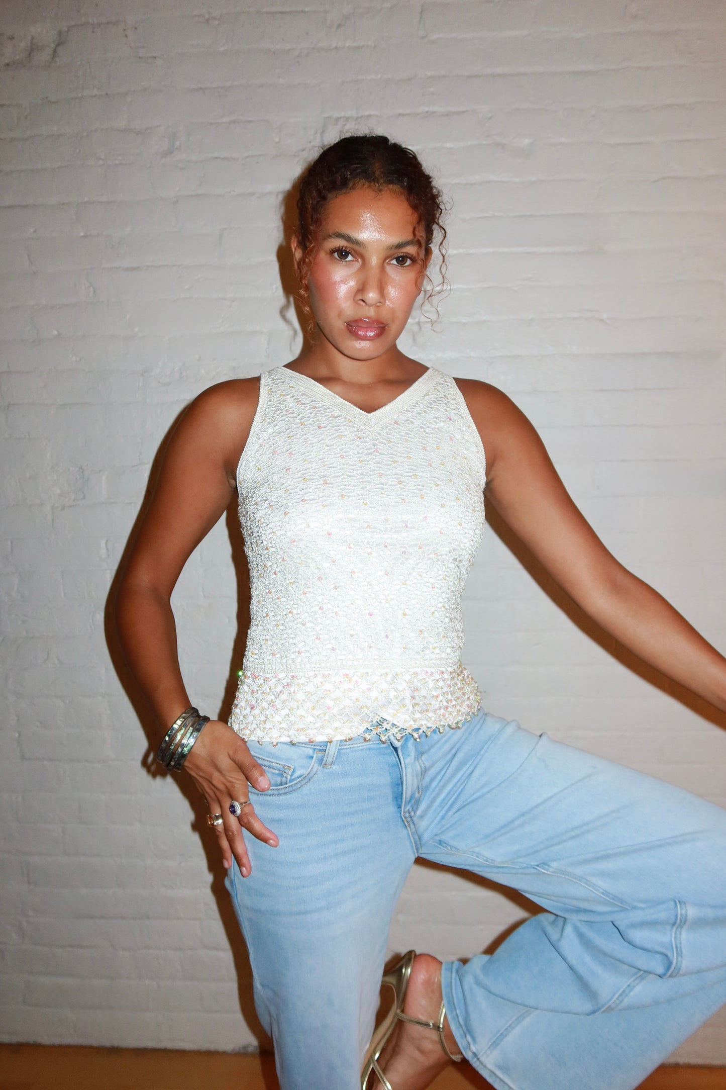 White Euro Beaded Crochet Tank