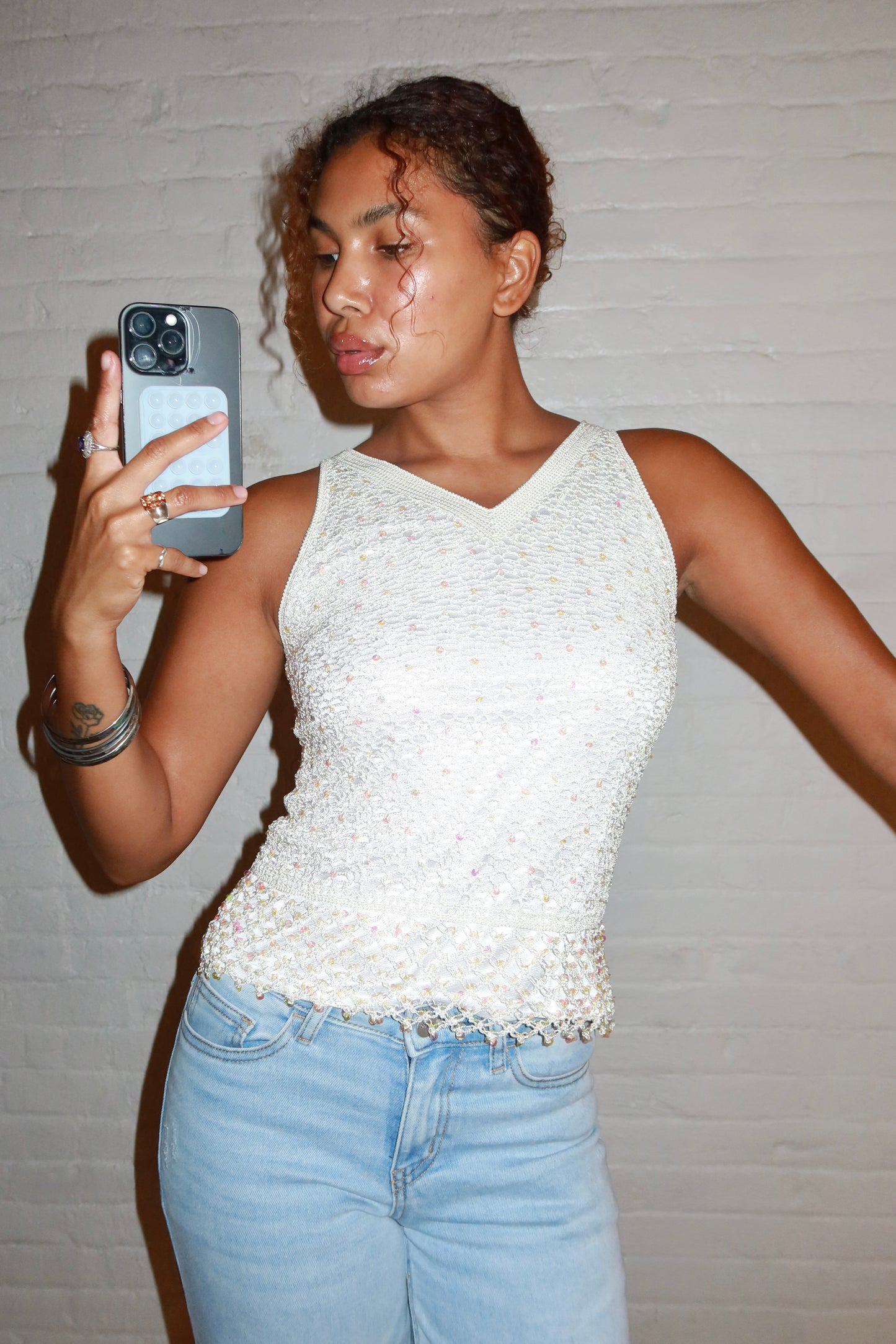 White Euro Beaded Crochet Tank