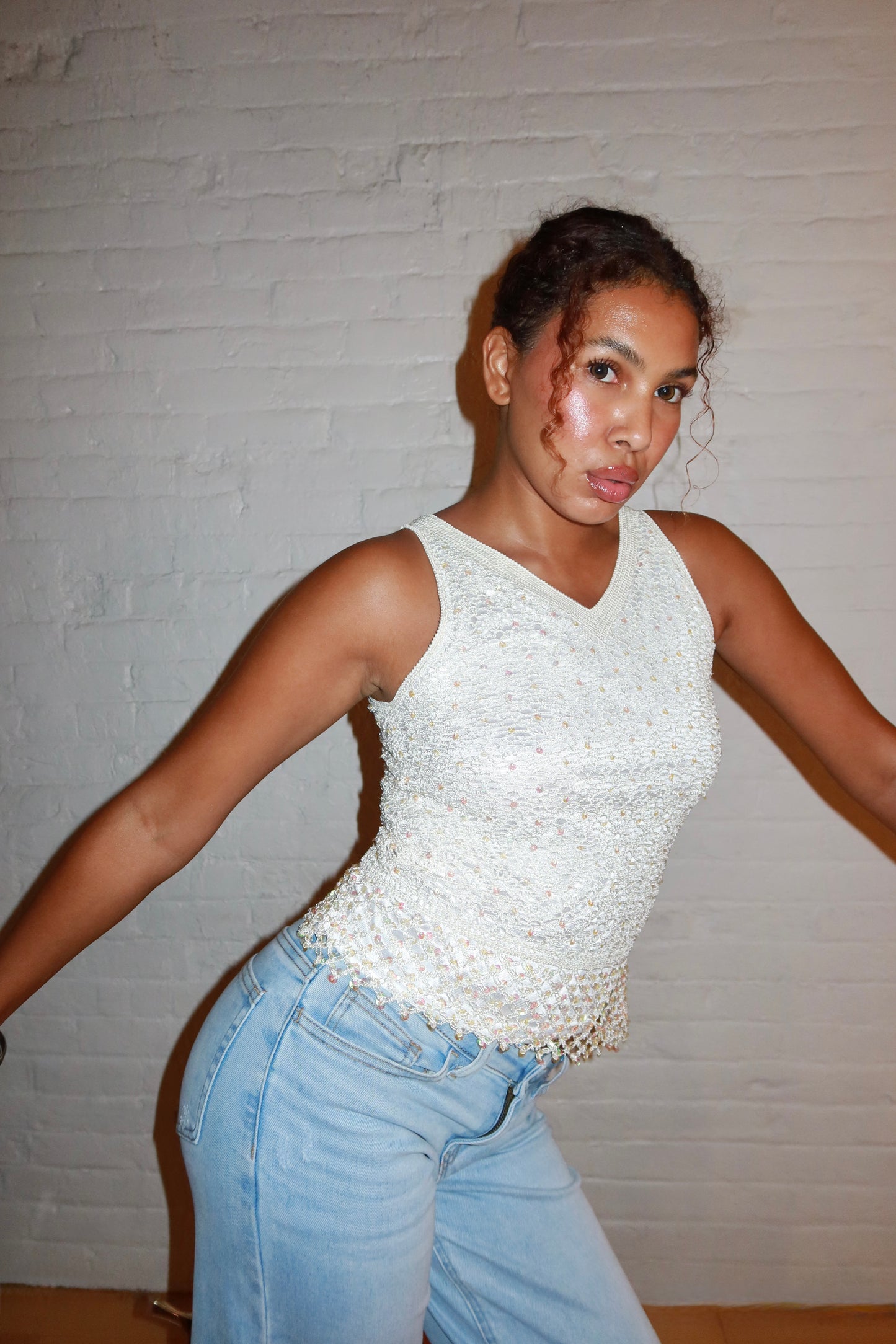 White Euro Beaded Crochet Tank