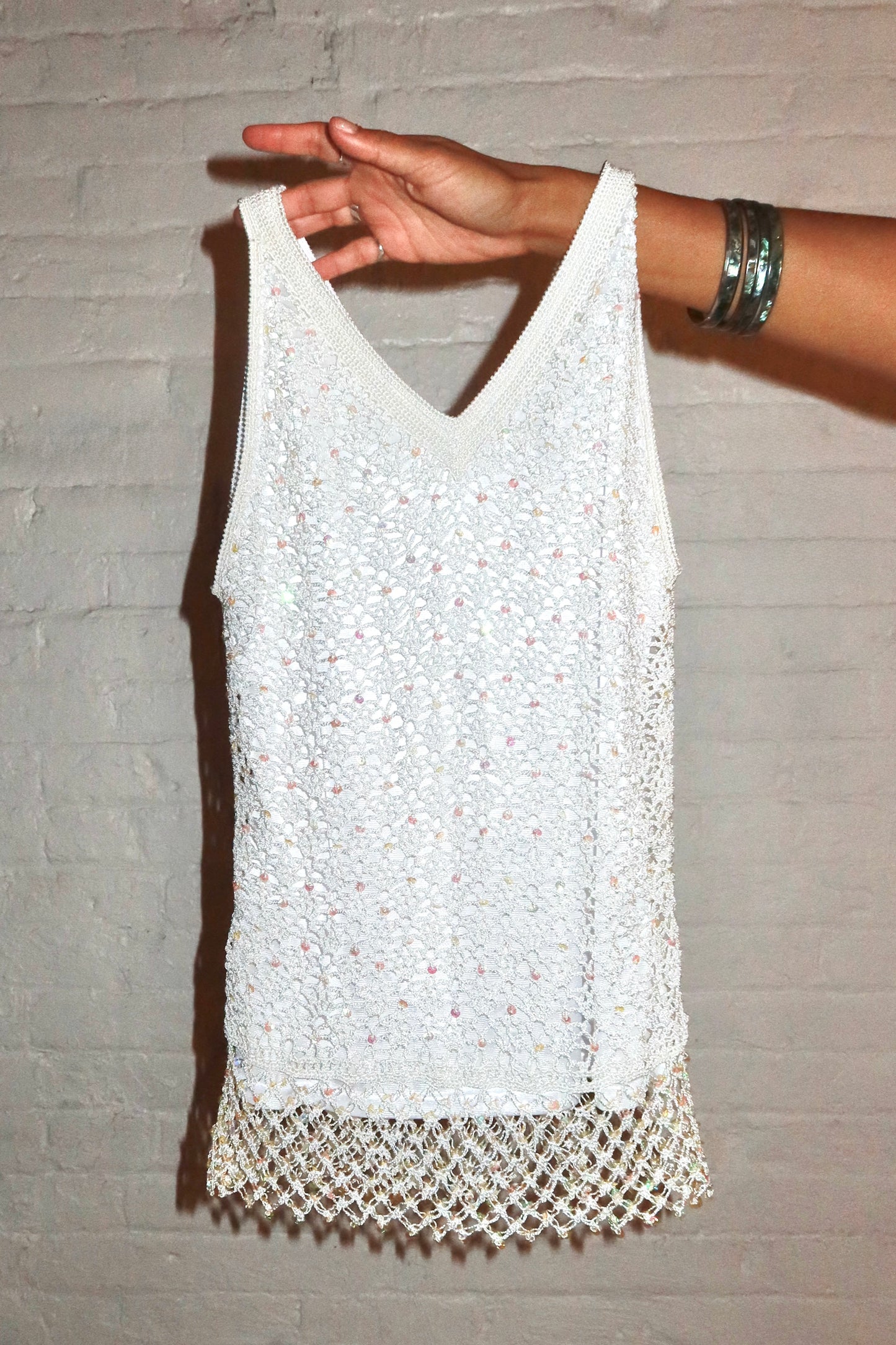 White Euro Beaded Crochet Tank