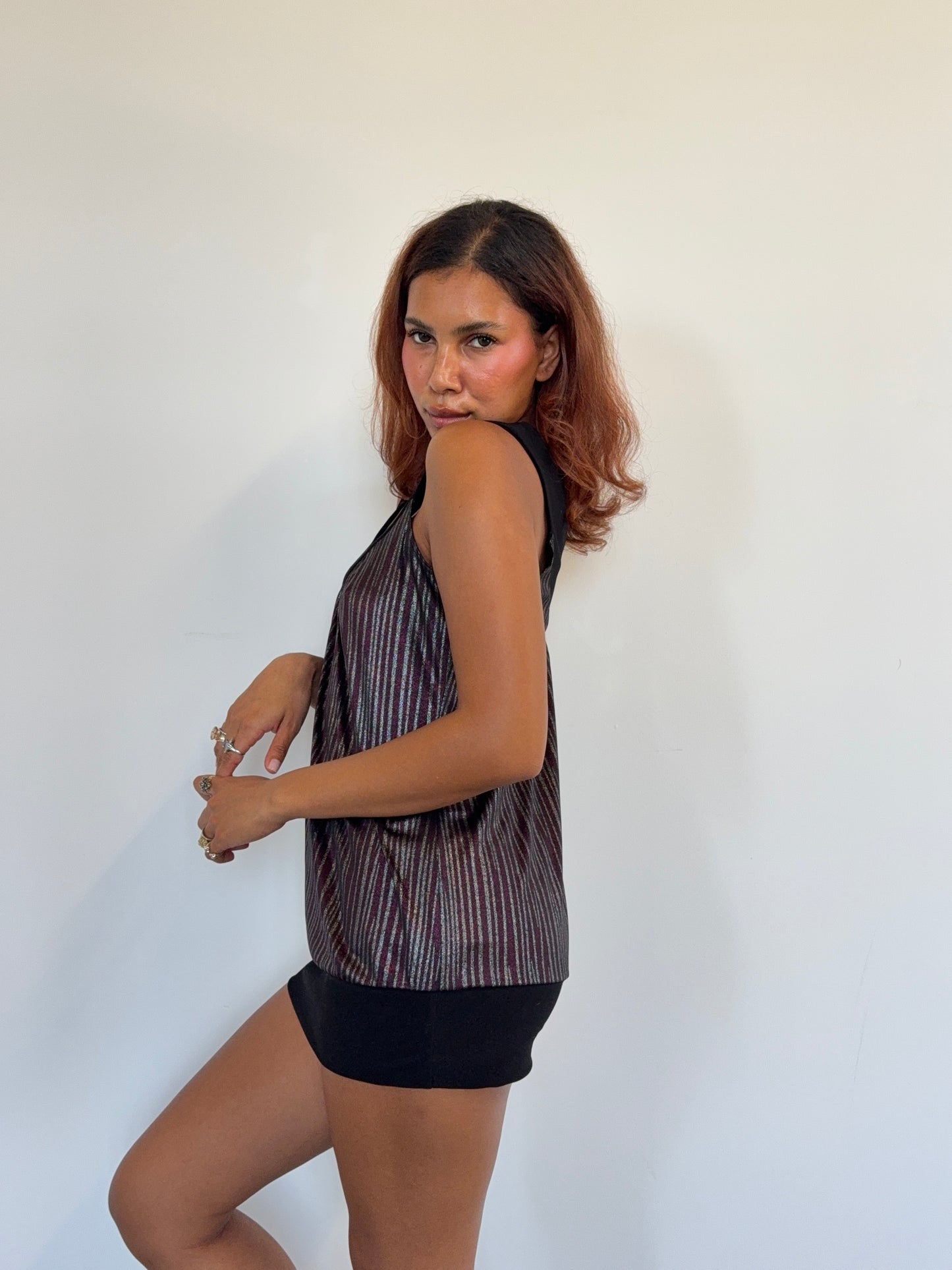 Studio Y Metallic Plum Stripe Tunic Top