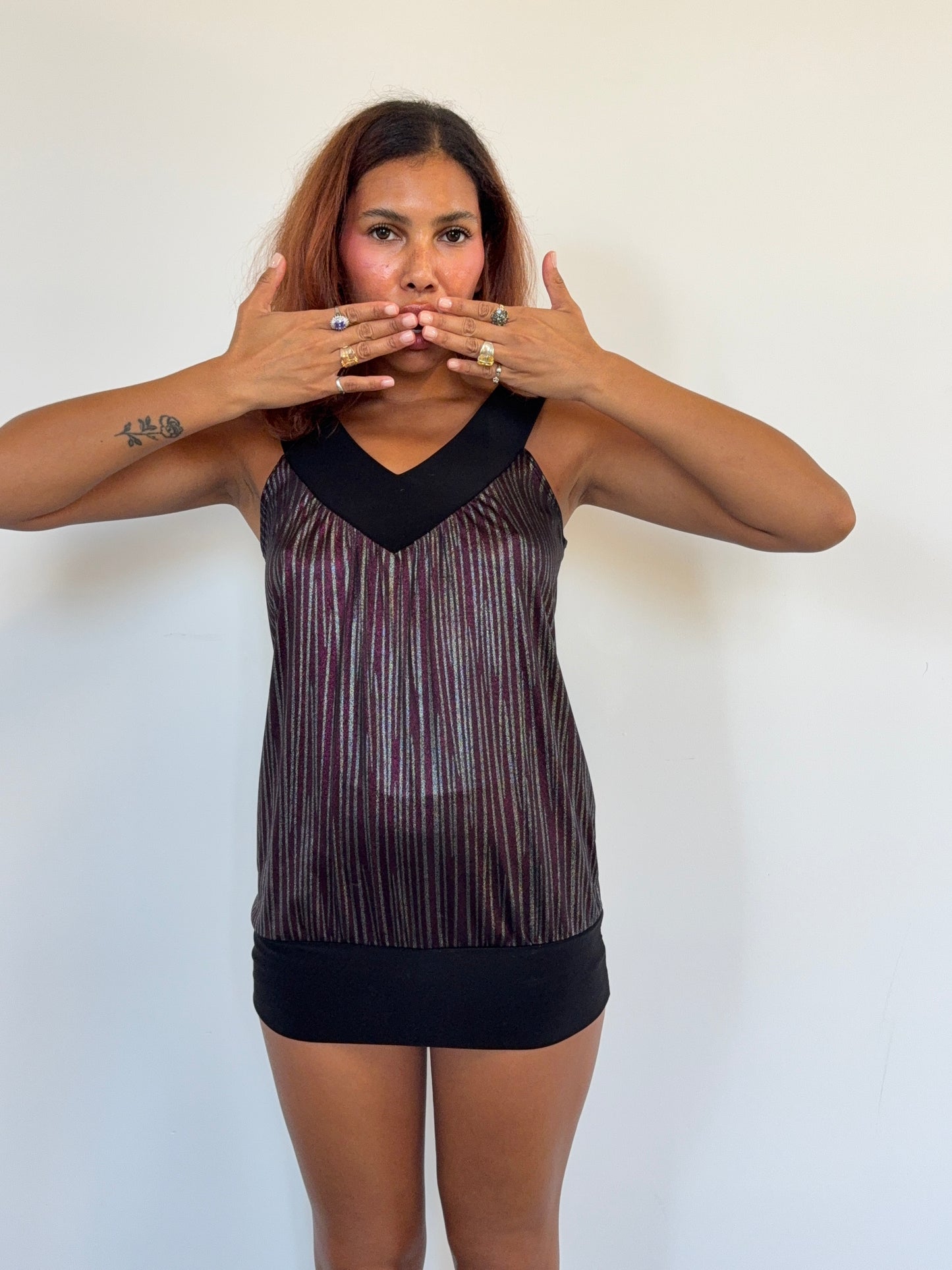 Studio Y Metallic Plum Stripe Tunic Top
