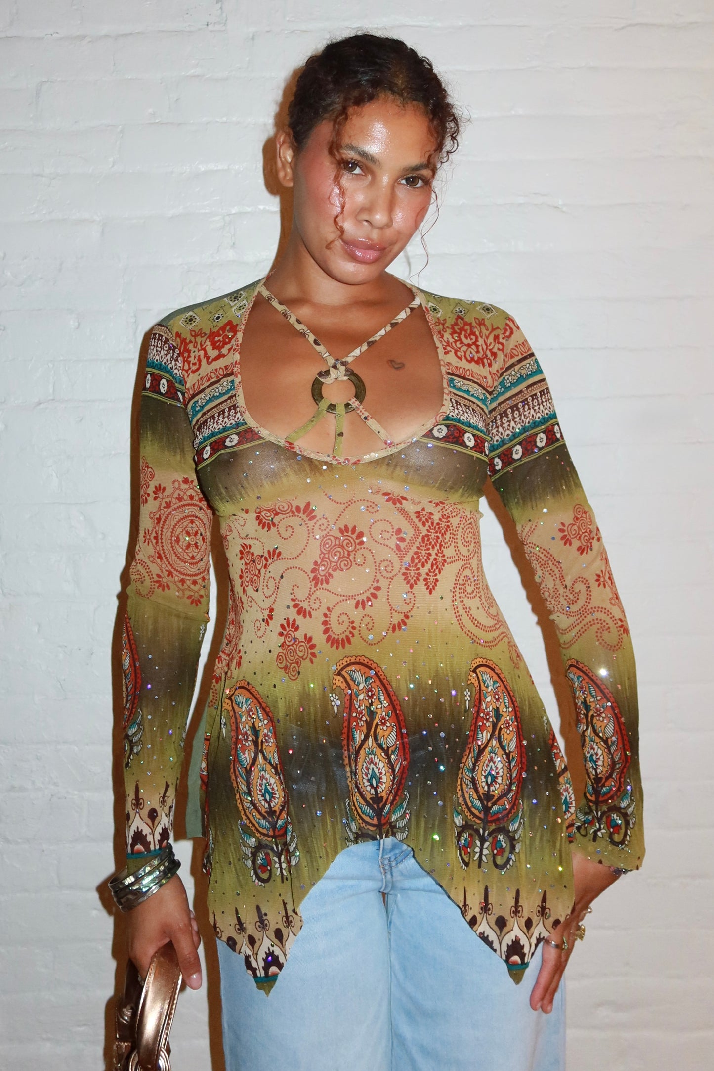 Vintage Euro Paisley Sequin Top with Wooden Ring