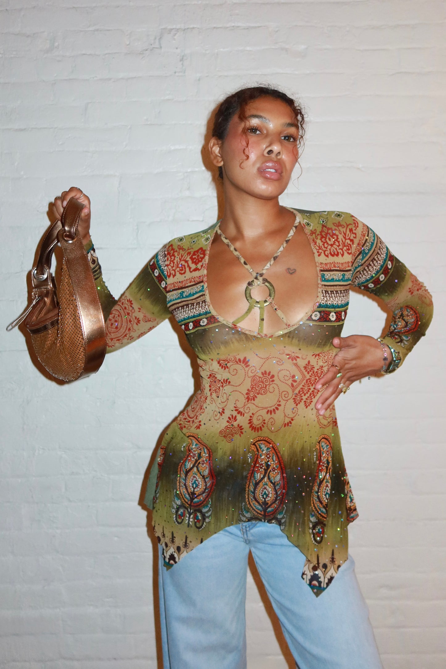 Vintage Euro Paisley Sequin Top with Wooden Ring