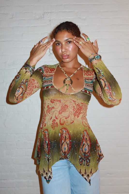 Vintage Euro Paisley Sequin Top with Wooden Ring