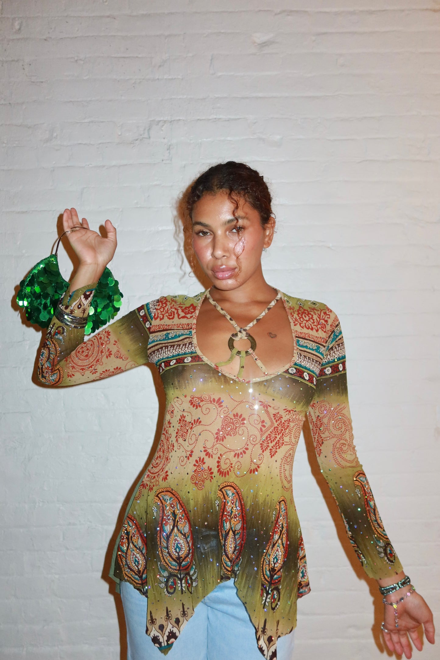 Vintage Euro Paisley Sequin Top with Wooden Ring