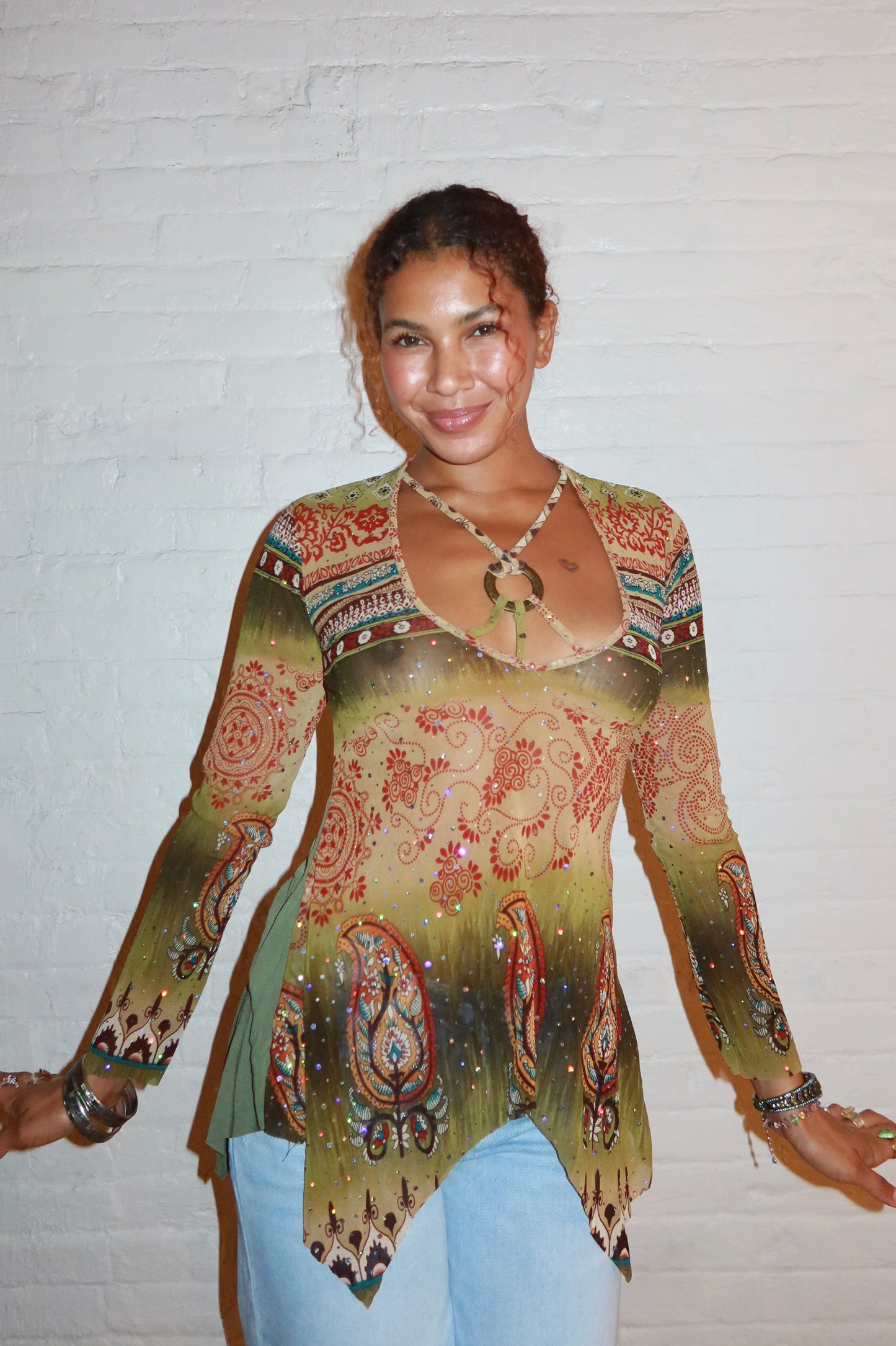 Vintage Euro Paisley Sequin Top with Wooden Ring