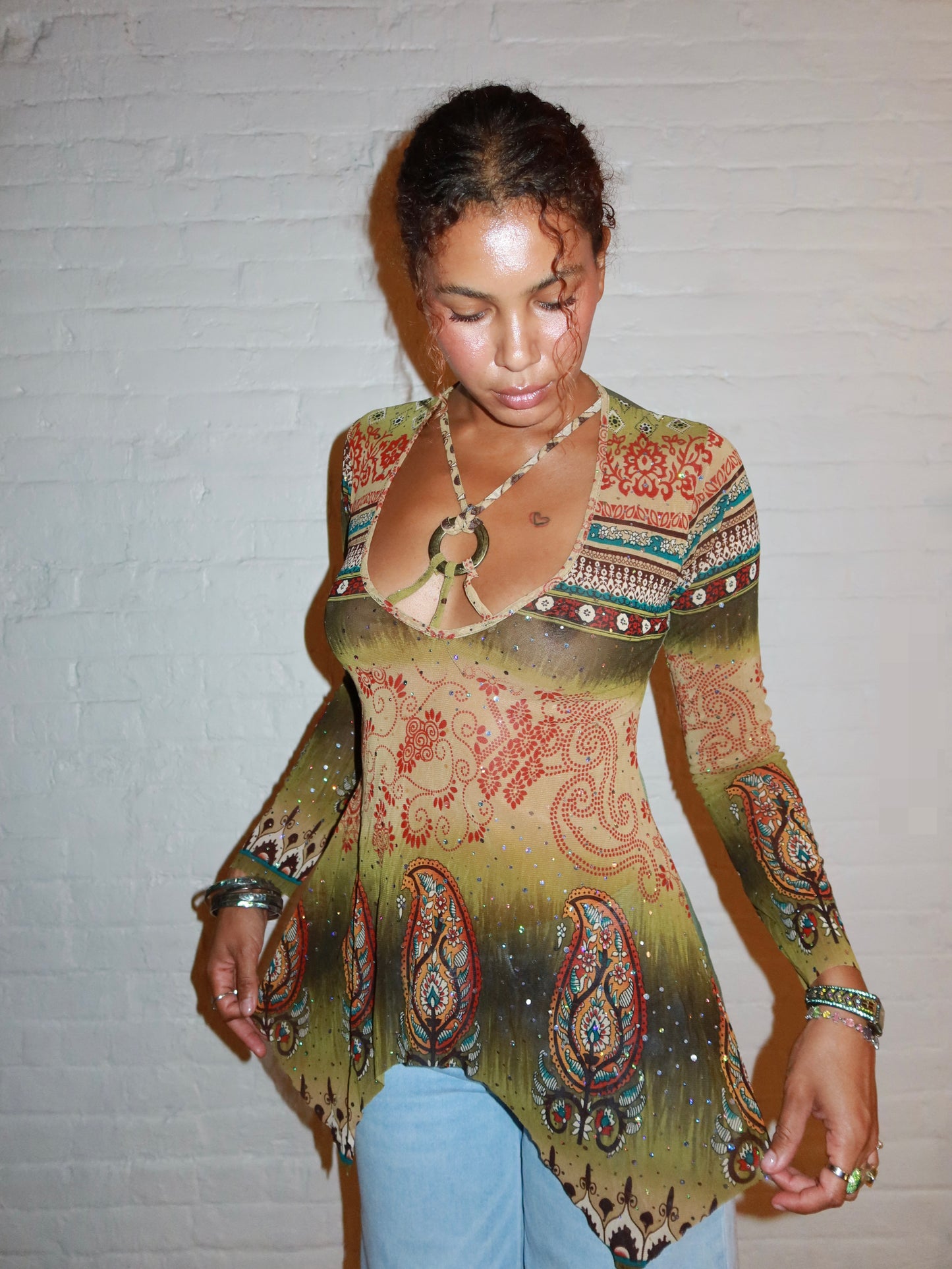 Vintage Euro Paisley Sequin Top with Wooden Ring