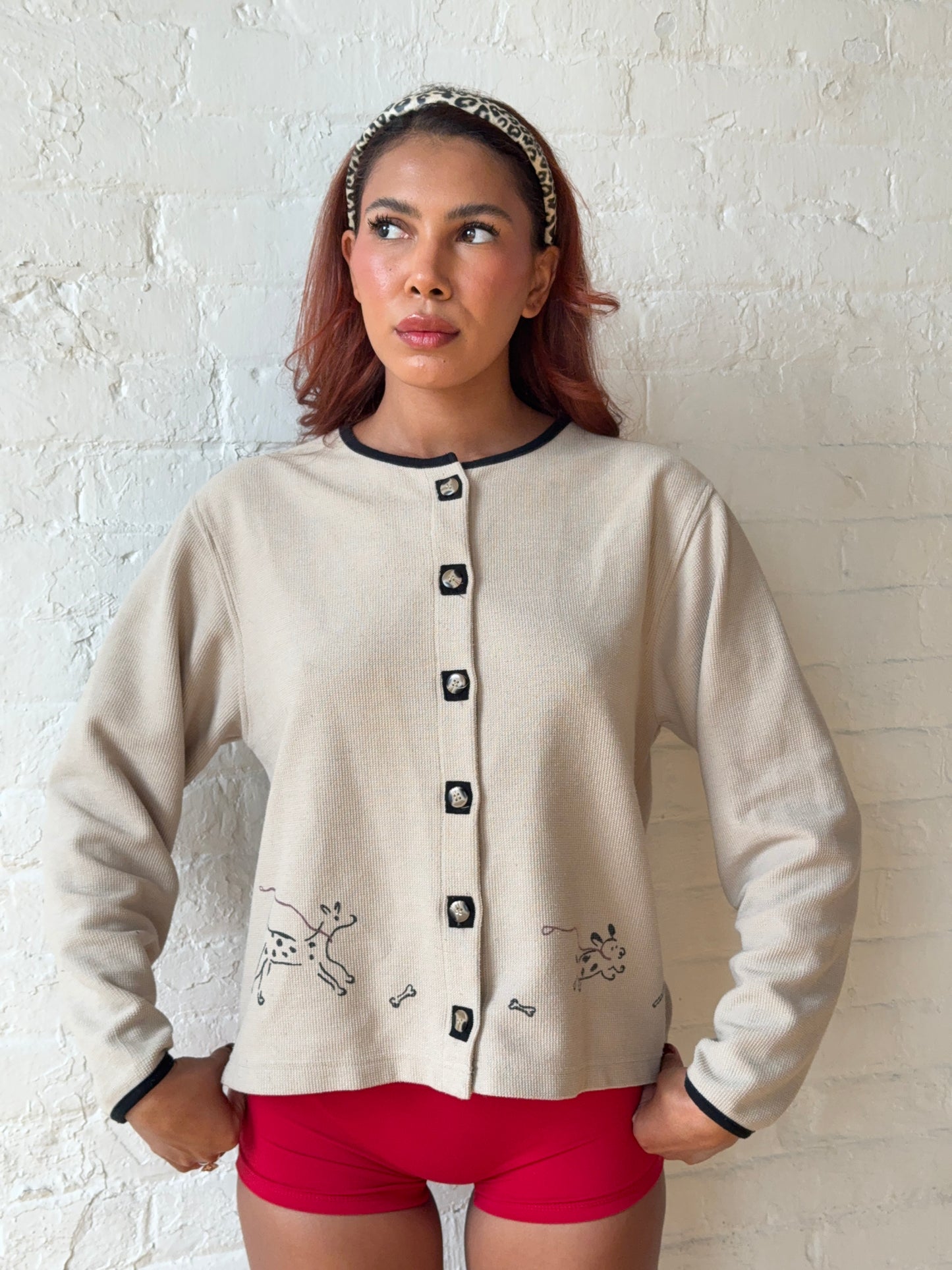 1990s Cream Knit Puppy Motif Cardigan