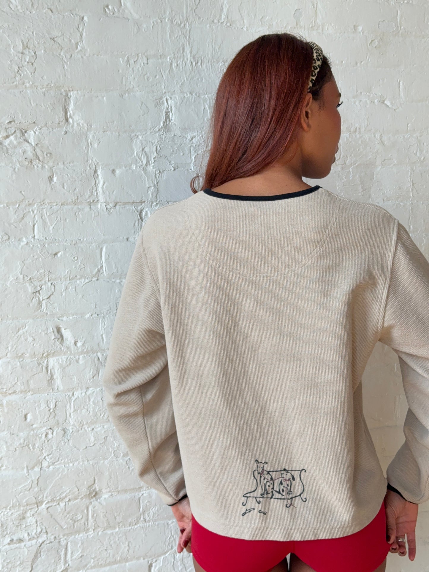 1990s Cream Knit Puppy Motif Cardigan