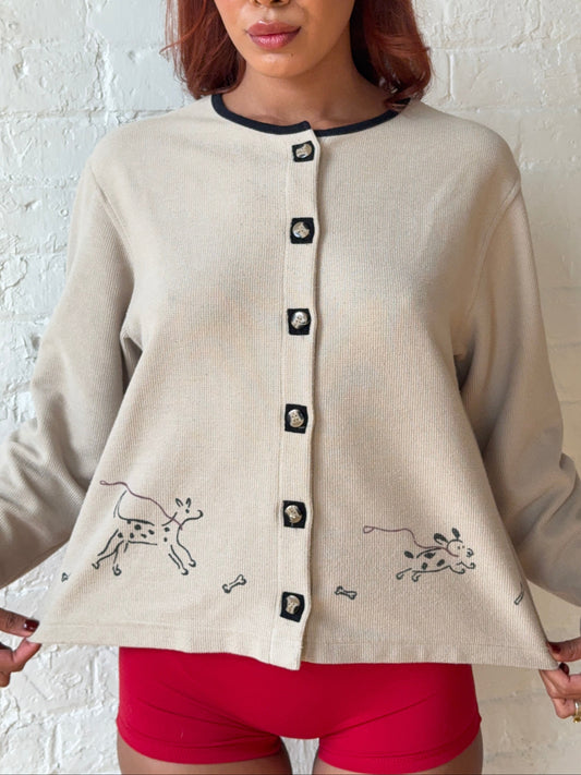 1990s Cream Knit Puppy Motif Cardigan