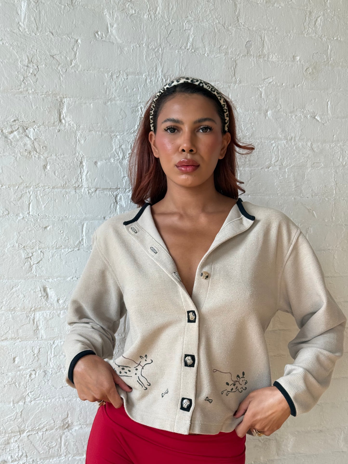 1990s Cream Knit Puppy Motif Cardigan